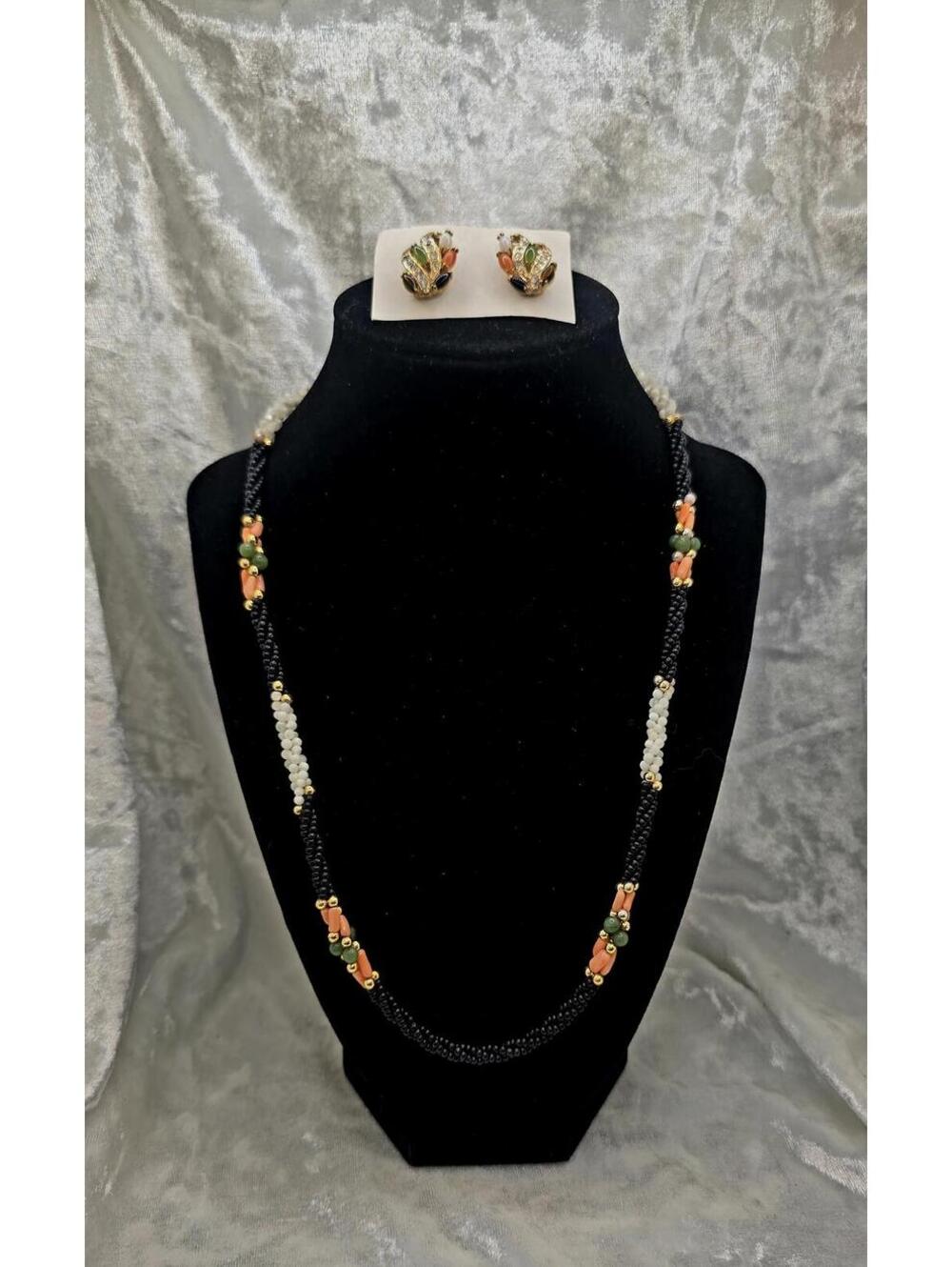 Vintage Beaded Necklace Set Multi Stone Necklace Earrings Black Coral Beads